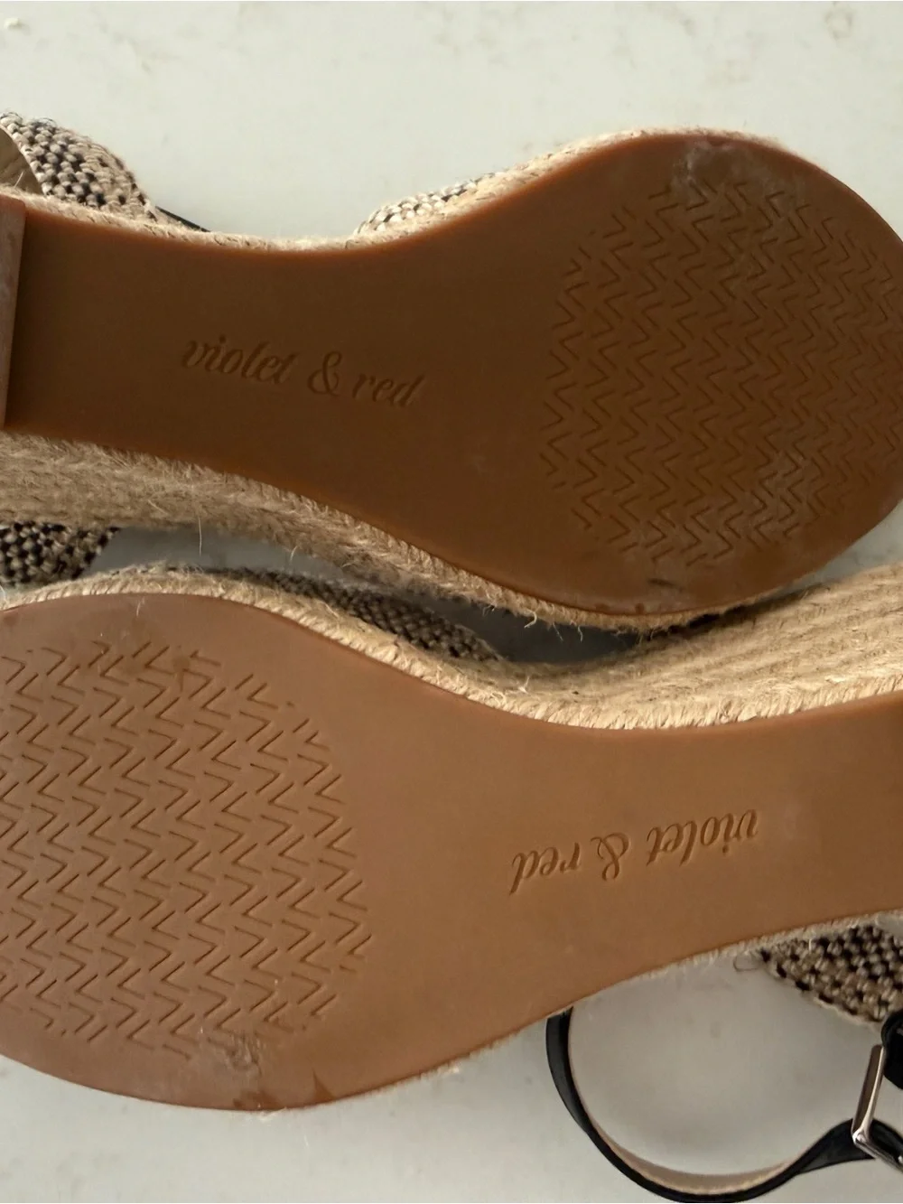 Neutral Woven Wedge Sandals with Black Ankle Straps